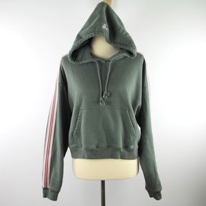 TNA Green Soft Fleece Hooded Cropped Sweatshirt Stripe Sleeves S